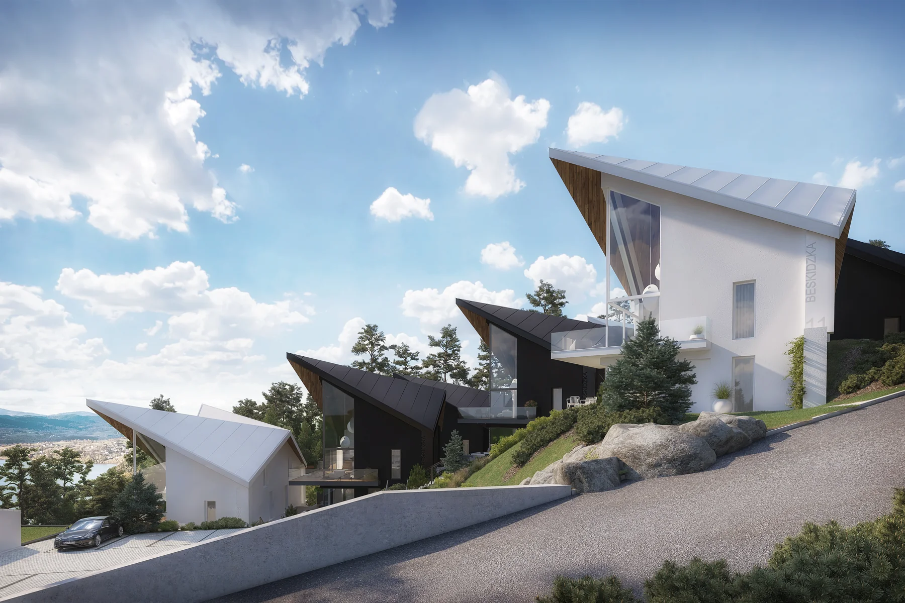 TREESNA Lake Villas & SPA — boční pohled na vily a příjezdovou cestu