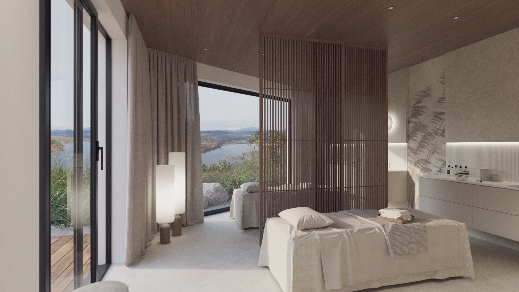 TREESNA Lake Villas & SPA — wellness místnost s masážními lehátky a výhledem na jezero